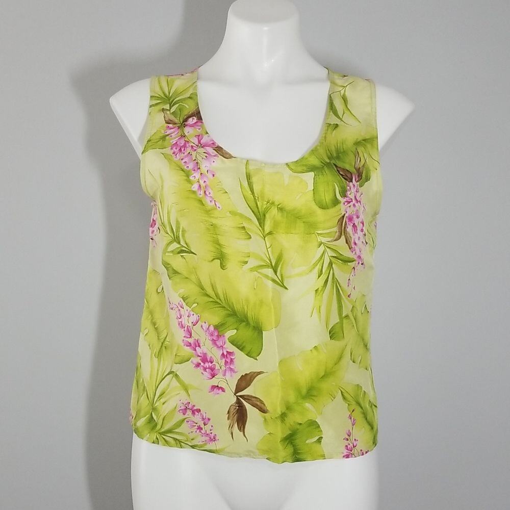 Vintage Harve Benard 100% Silk Sleeveless Blouse Green Tropical Floral Sz 8